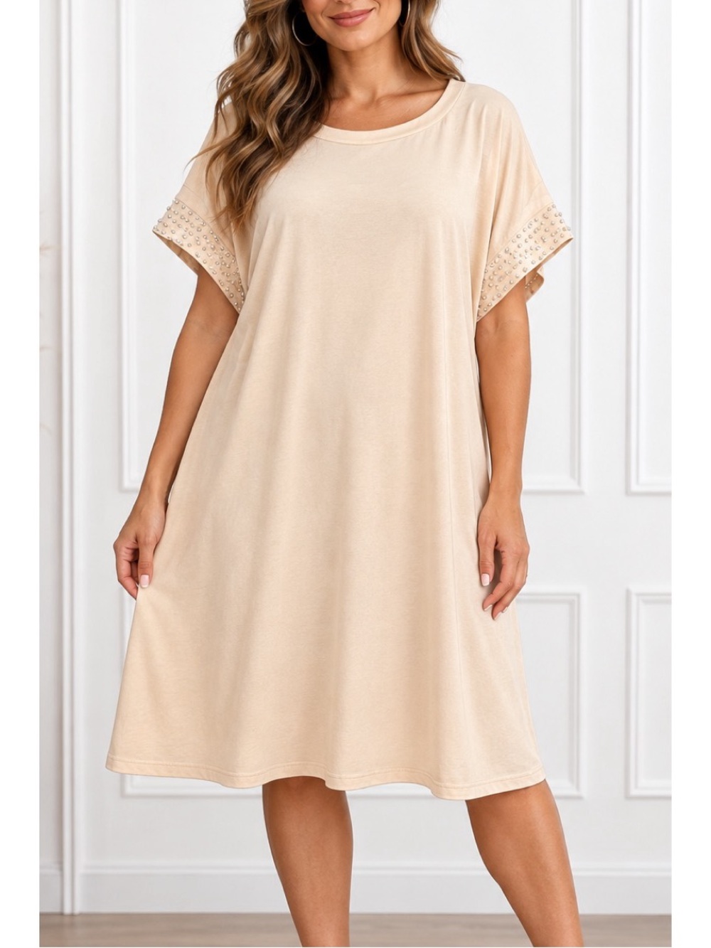 White Birch Cream dress with Rhinestone embellished sleeves
